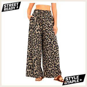 Women's Leopard Print Elastic High Waist Wide Leg Pants Tie Front Casual